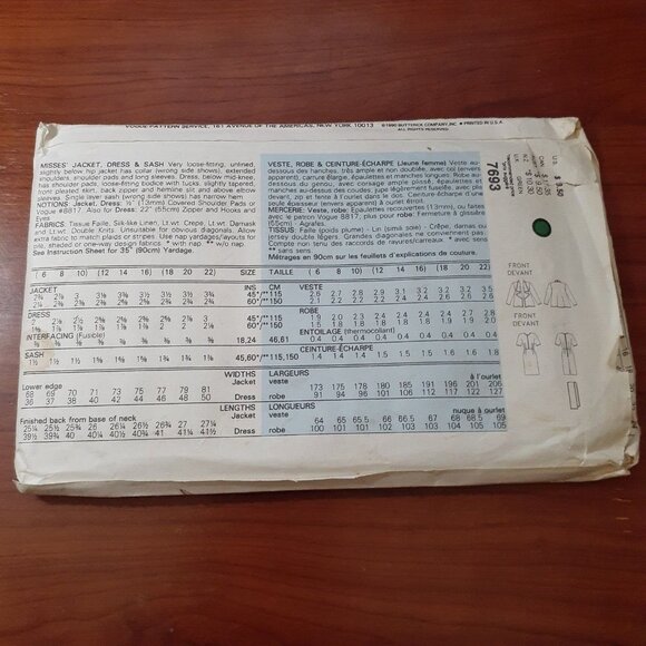 Vogue Misses Jacket Dress & Sash Sewing Pattern Uncut 7693 Sizes 18-20-22 - Picture 2 of 4